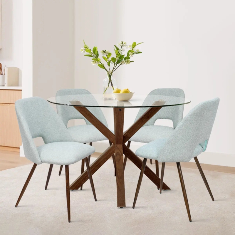 Dining Set: Mid-Century Modern Walnut Base, Blue Cutout Back Chairs