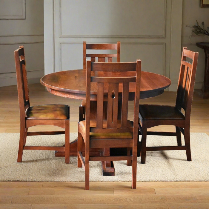 Dining Set Mission Style Round Cherry Slat Back Chairs