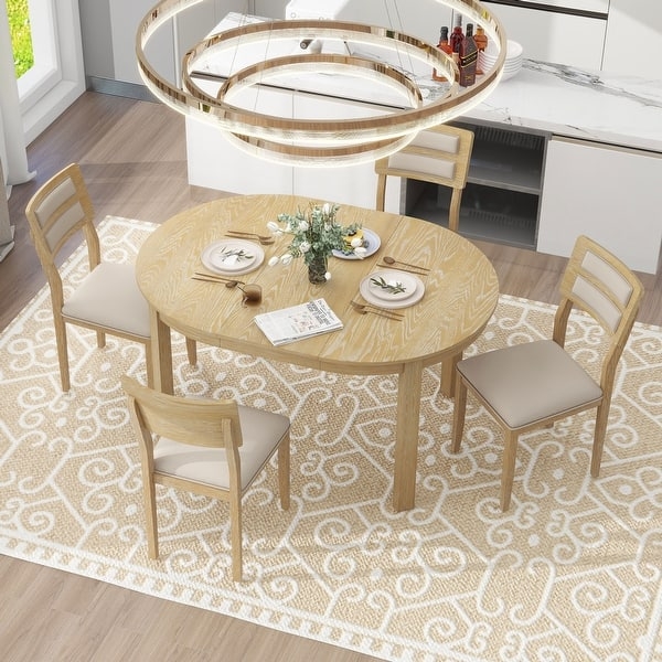 Dining Set Modern Farmhouse Oval Extendable Light Wood Upholstered Chairs