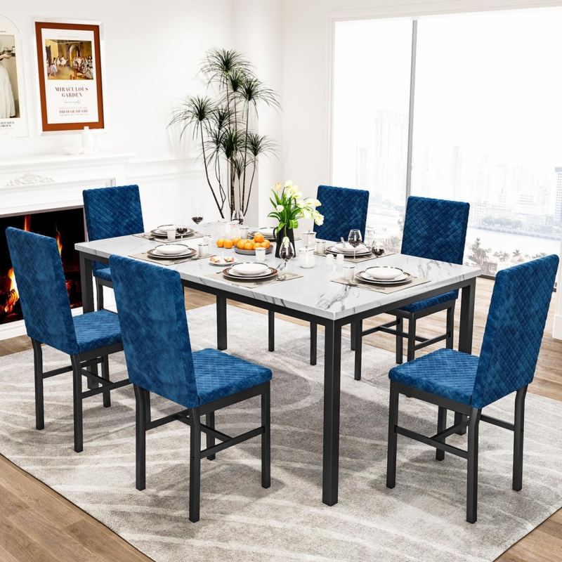 Dining Set: Modern Glam Blue Velvet with Vertical Channel Tufting