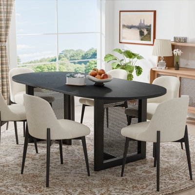 Dining Set Modern Organic Oval Matte Black Mesh Pedestal Base Cream