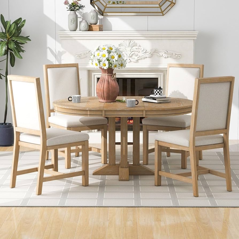 Dining Set Natural Wood Slatted Pedestal Cream Upholstered Farmhouse