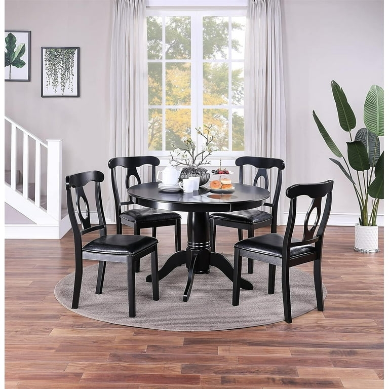 Dining Set Oval Back Cutout Chairs Pedestal Base Black Finish