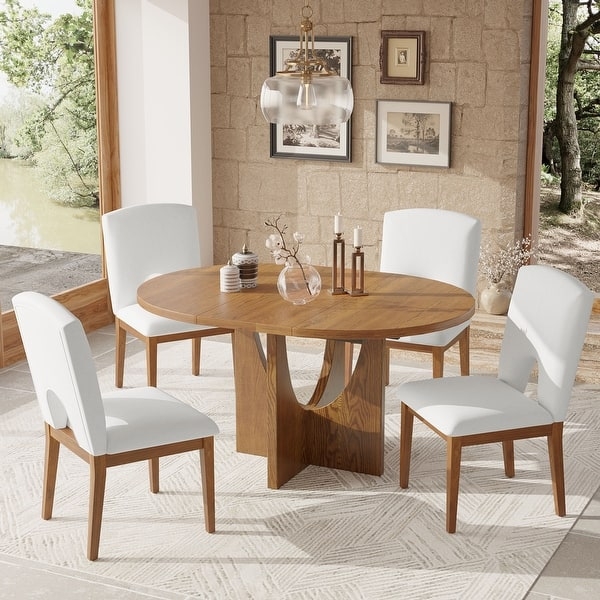 Dining Set Oval Extendable Cutout Pedestal Base White Upholstery
