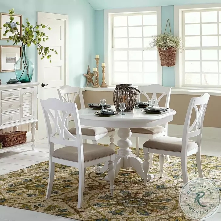 Dining Set Oyster White Round Pedestal Table with Lattice Back Chairs