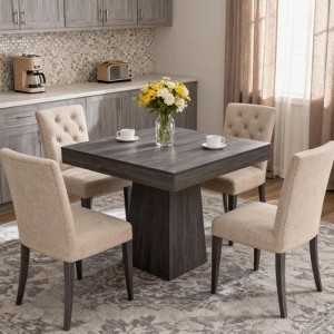 Dining Set Pedestal Base Button Tufted Charcoal Gray Nailhead Trim