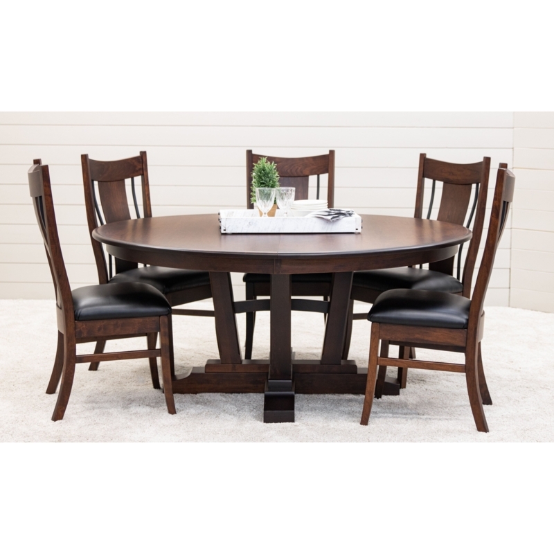 Dining Set, Pedestal Base, Slat Back Chairs, Dark Wood Tone