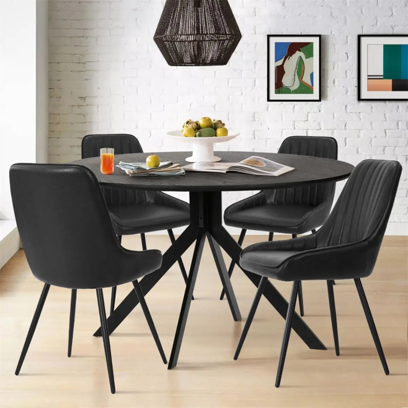 Dining Set Round Black Splayed Legs Ribbed Upholstered Chairs 5-Piece