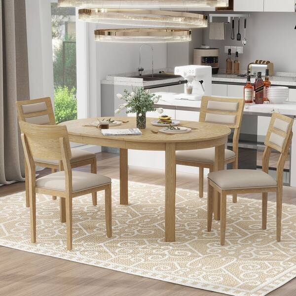 Dining Set Round Extendable Light Wood with Ladder Back Chairs