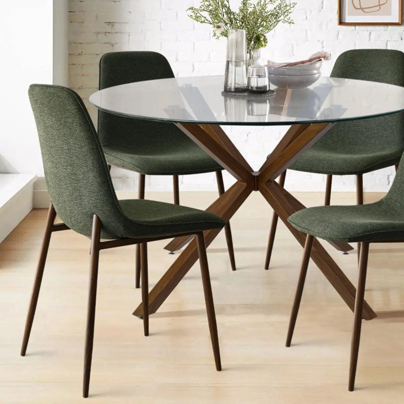 Dining Set Round Glass Top Walnut X-Base Olive Green Upholstery