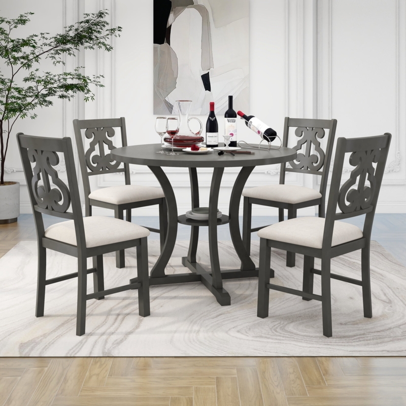 Dining Set Round Gray Pedestal Table with Fretwork Back Chairs
