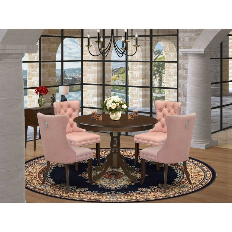 Dining Set Round Mahogany Pedestal Table with Pink Tufted Chairs