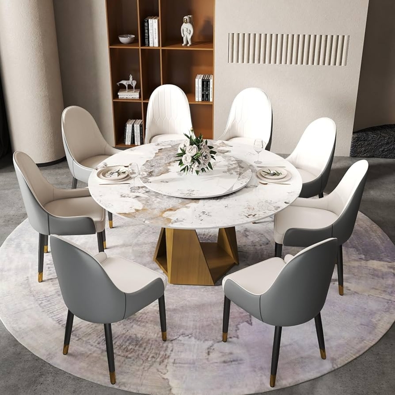 Dining Set Round Marble Look Bronze Geometric Base Barrel Chairs