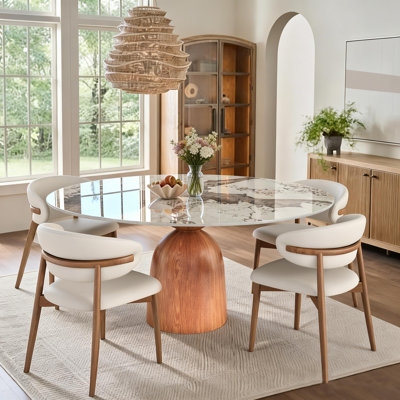 Dining Set Round Marble Top Bulbous Wood Pedestal Base