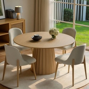 Dining Set Round Natural Wood with Pleated Pedestal Base Beige Chairs