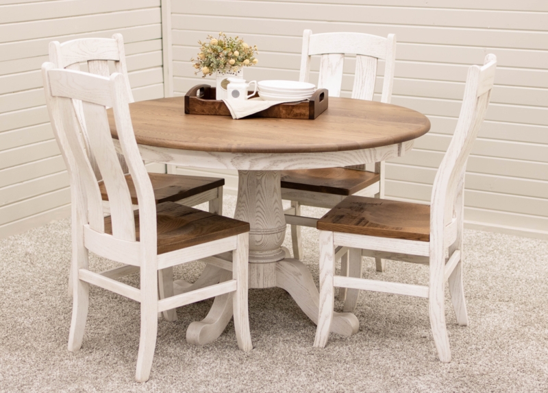 Dining Set Round Pedestal Base Dark Wood Slat Back Chairs