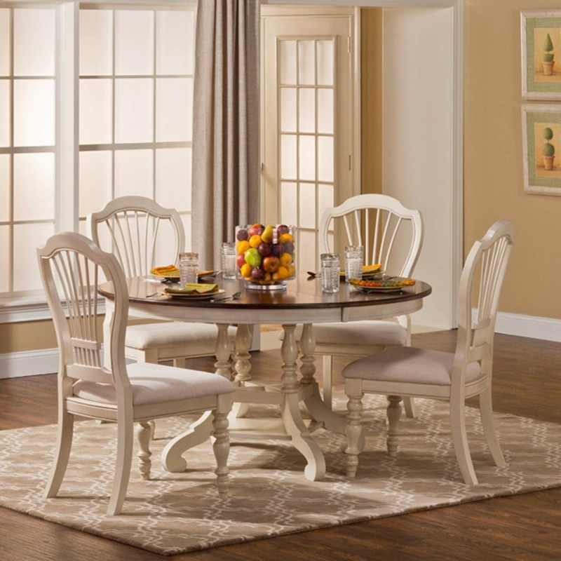 Dining Set Round Pedestal Two-Tone Antique White Wheat-Back Chairs