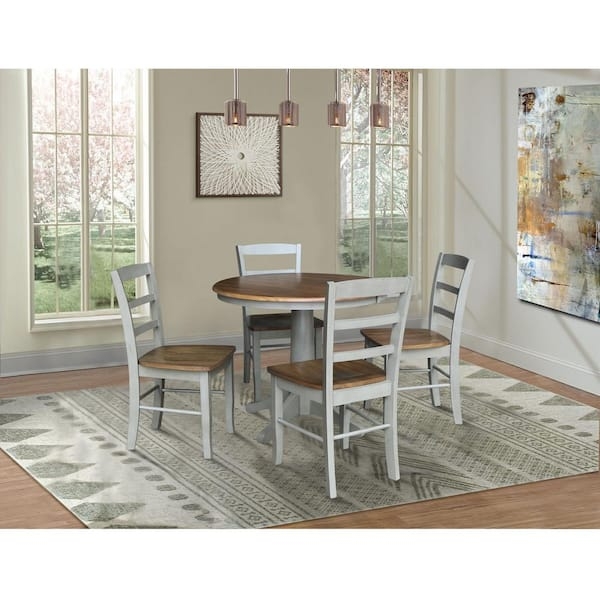 Dining Set Round Pedestal Two-Tone Hickory Stone Ladderback Chairs