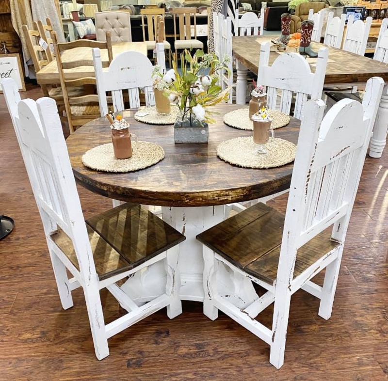 Dining Set Round Rustic Farmhouse Two-Toned Finish Distressed Whitewash