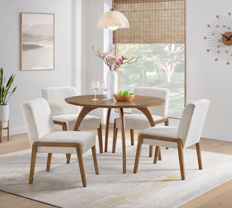 Dining Set Round Table Boucle Upholstery Chairs Walnut Mid-Century
