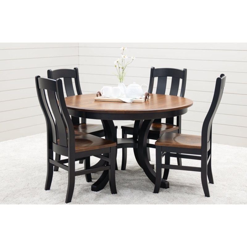 Dining Set Round Two-Tone Black and Brown Curved Pedestal Base Slat Back