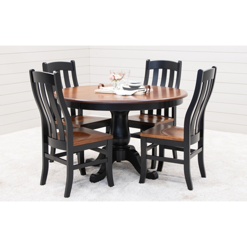 Dining Set Round Two-Tone Black and Brown Slatted Back Chairs