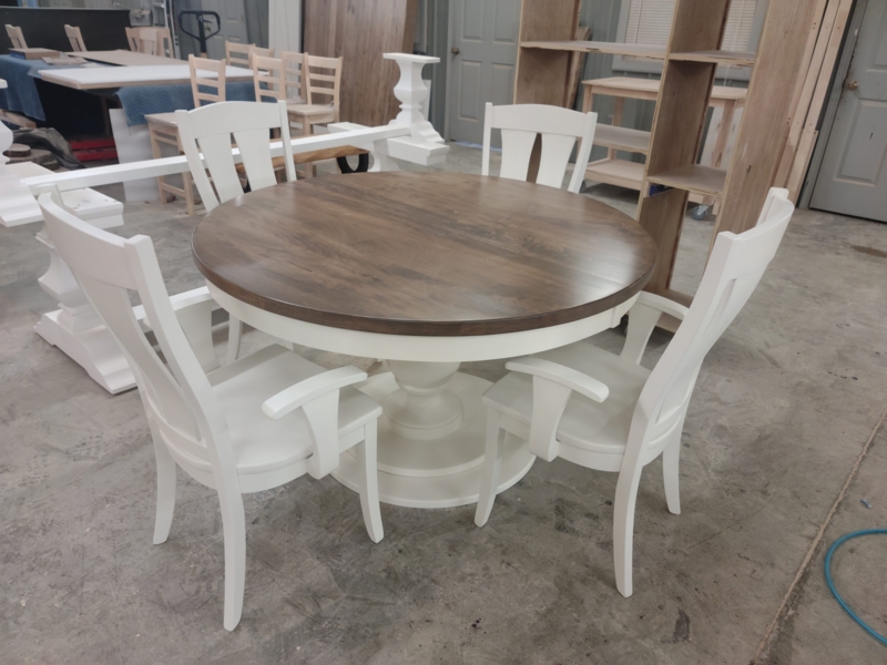 Dining Set, Round Two-Tone Turned Pedestal with Slatted Armchairs
