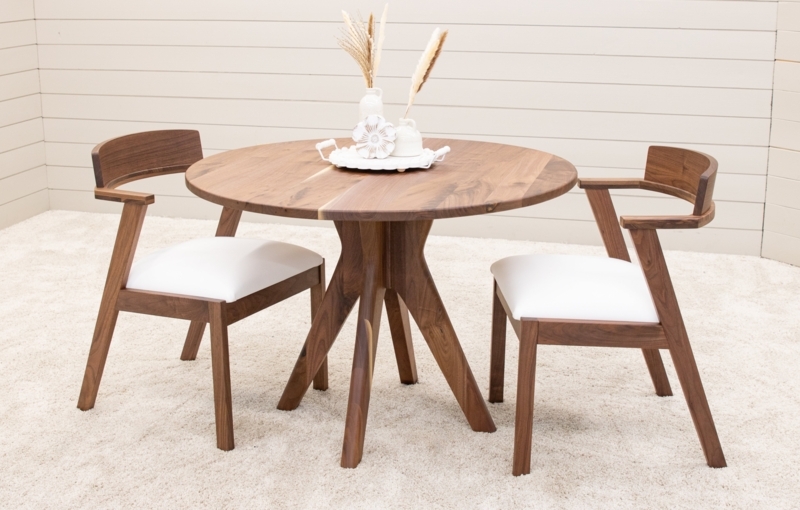 Dining Set Round Walnut Table with White Upholstered Armchairs