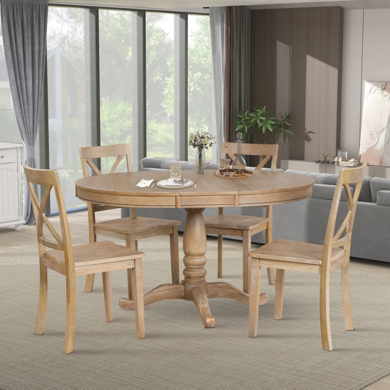 Dining Set Round Whitewashed Pedestal Table with X-Back Chairs