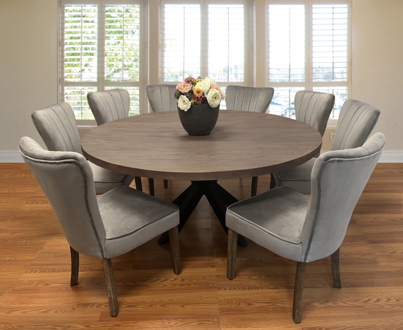 Dining Set Round Wood Pedestal Gray Velvet Channel Tufted Chairs