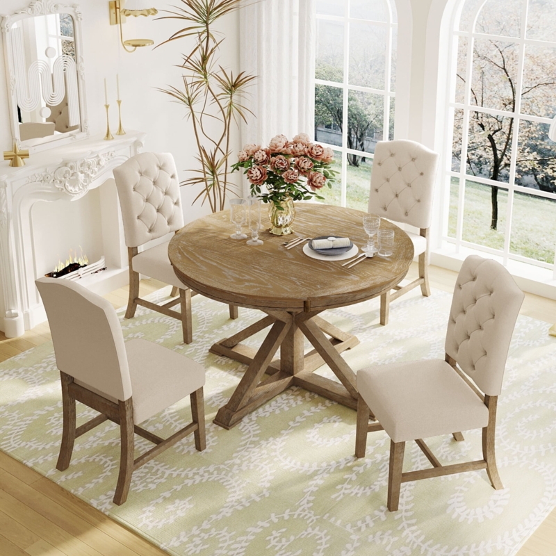 Dining Set, Round Wood Wash, Button Tufted Chairs, X-Base.