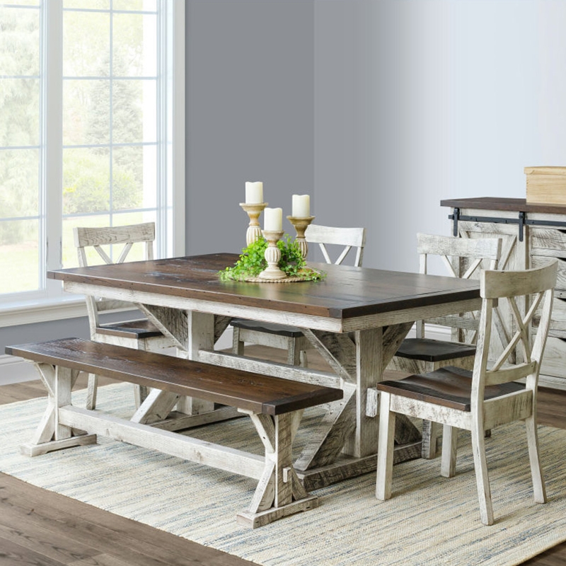 Dining Set Rustic Farmhouse Whitewashed X-Back Chairs and Bench