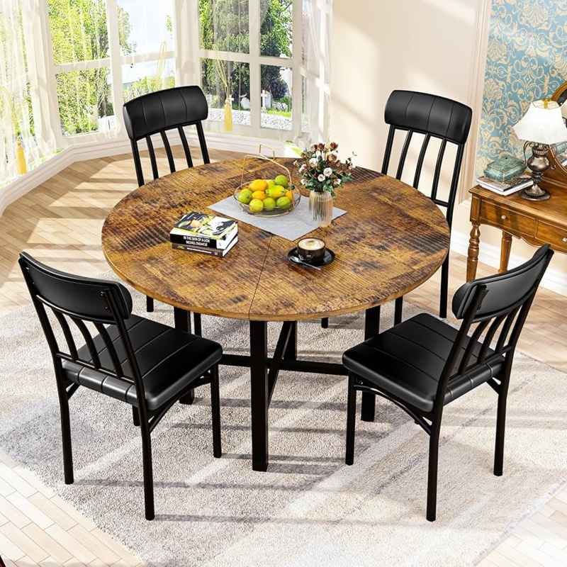 Dining Set Rustic Industrial Kitchen Table 4 Chairs Slatted Metal Backs