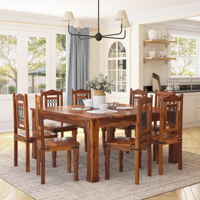 Dining Set Rustic Wood High Back Chairs Metal Look Inserts