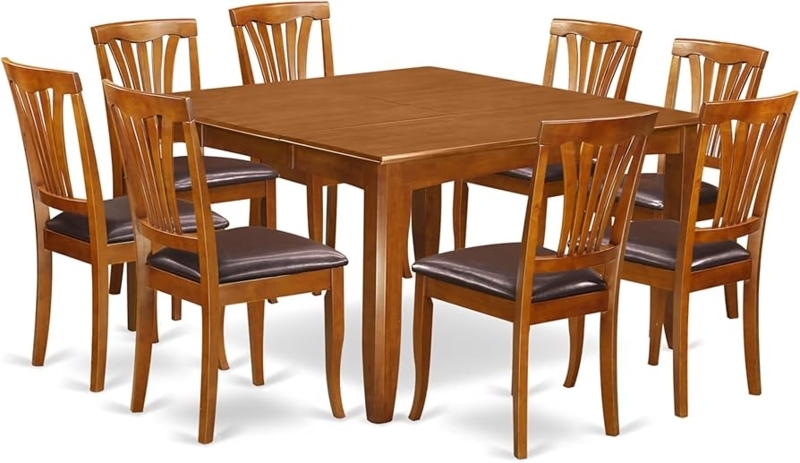 Dining Set Saddle Brown Butterfly Leaf Table Leather Like Seats