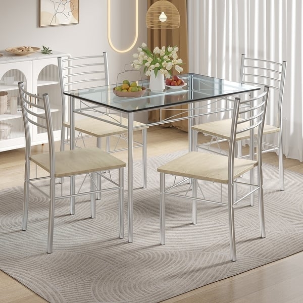 Dining Set: Silver Slat Back Chairs, Glass Top Small Space Table