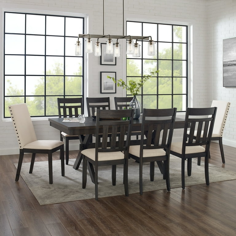 Dining Set Slate Gray Trestle Table Slat Back Chairs Nailhead Trim