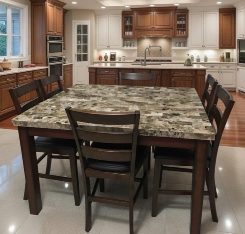 Dining Set Square Mottled Stone Top Dark Wood Ladder Back Chairs