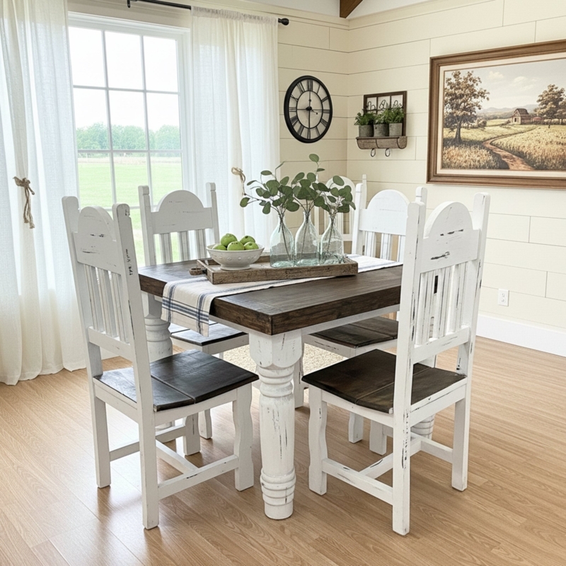 Dining Set Square Two Tone Whitewashed Turned Legs Farmhouse Rustic