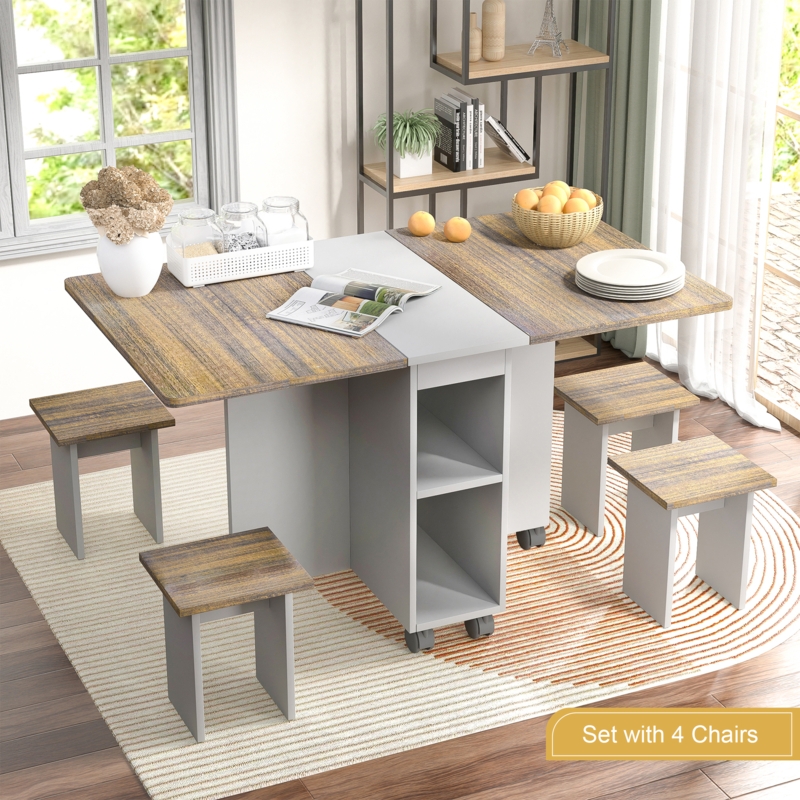Dining Set Storage Shelves Base Gray Folding Table with Stools