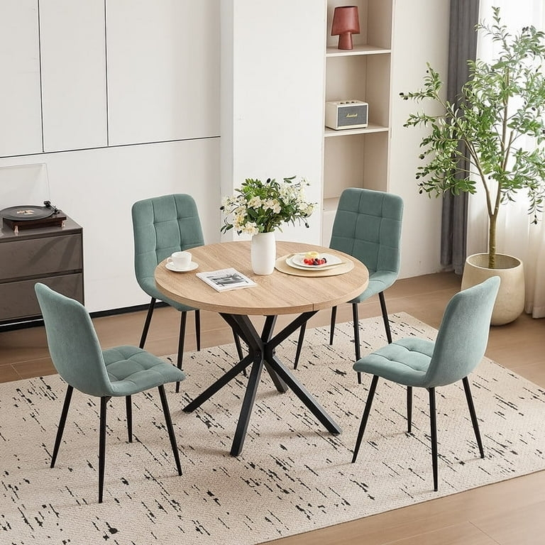 Dining Set Teal Corduroy Chairs Black Metal Starburst Base Wood Top