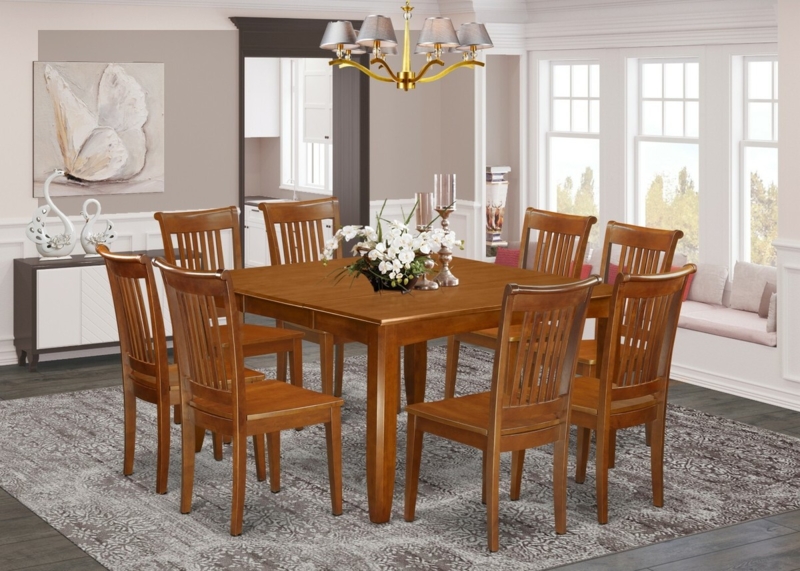 Dining Set Traditional Saddle Brown Slat Back Chairs Tapered Legs