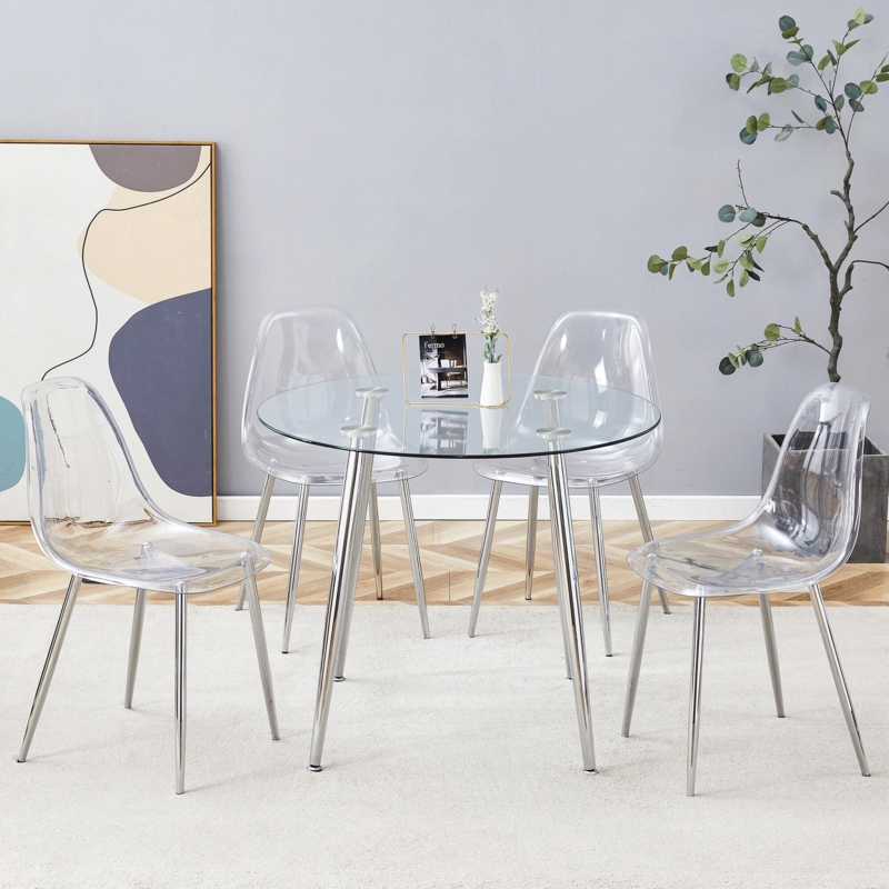 Dining Set Transparent Chair Round Glass Top Metal Eiffel Base