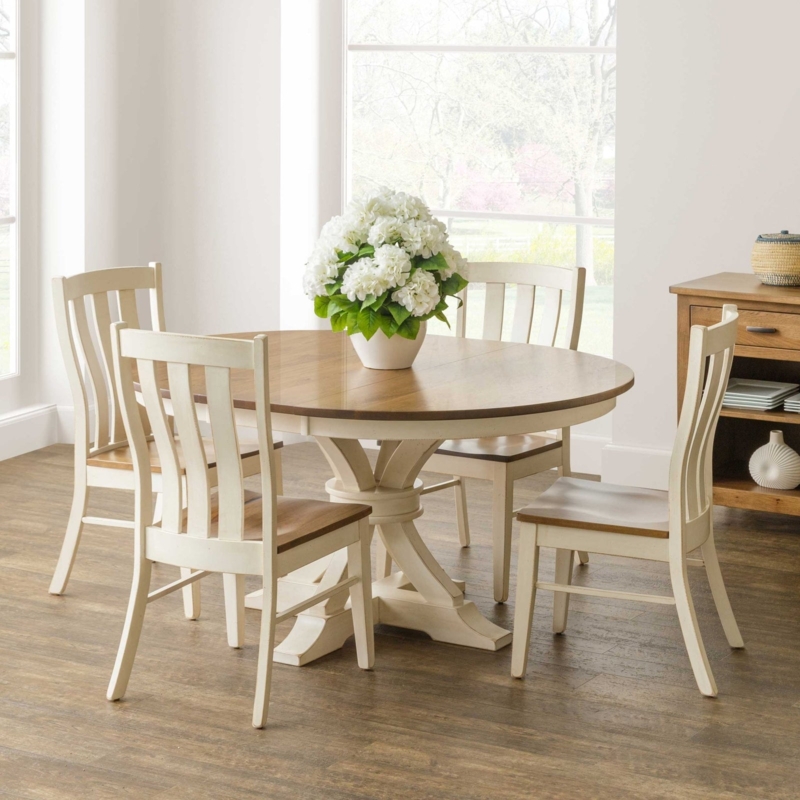 Dining Set Two-Tone Cream and Wood Round Pedestal Slat Back Chairs