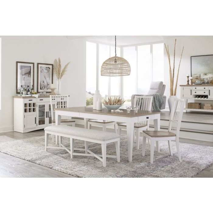 Dining Set Two-Tone Finish Slat Back with Bench White and Wood