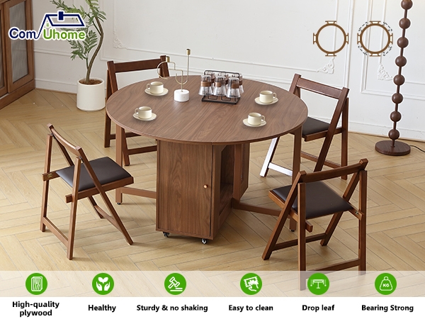 Dining Set Walnut Finish Mobile Storage Base Folding Chairs
