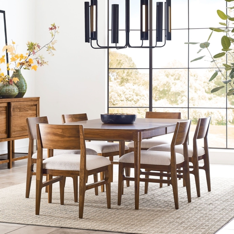 Dining Set Walnut Wood Grey Fabric Tapered Legs Minimalist Contemporary