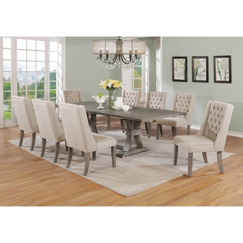 Dining Set Weathered Grey Button Tufted Chairs Trestle Base Rustic