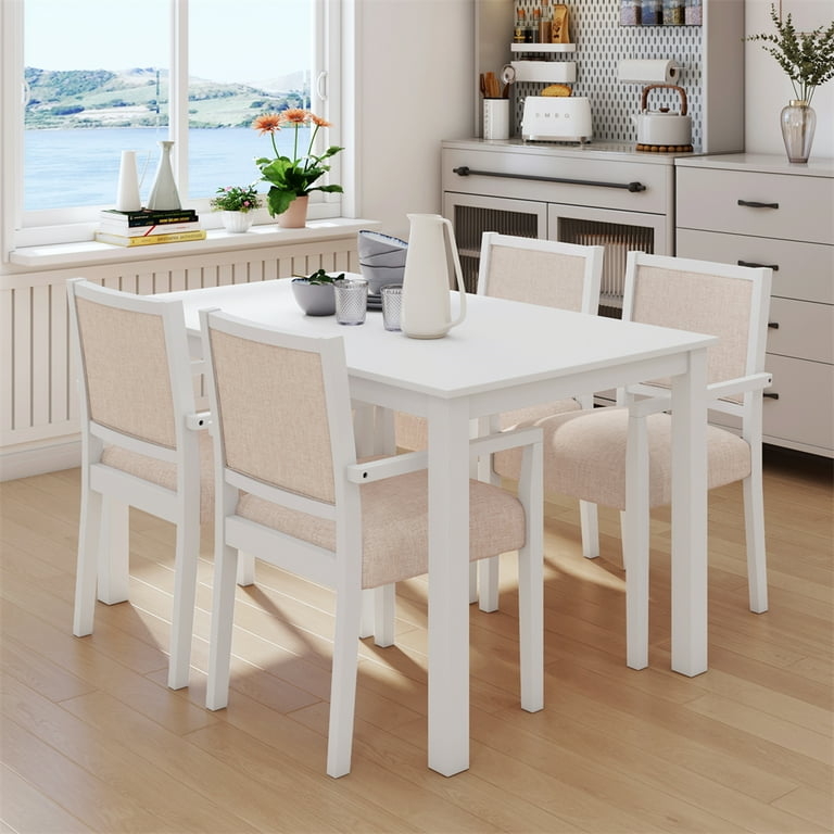 Dining Set White and Beige Upholstered Armchairs Minimalist Style