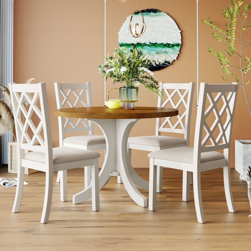 Dining Set White Cross Back Chairs Two-Tone Finish Pedestal Base